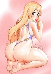 ass blonde_hair blue_eyes breasts character_name cleavage condom condom_wrapper curvy eyebrows female female_only huge_ass k-on! keigi_(artist) large_breasts leopard_print lips pursed_lips signature swimsuit thick thick_ass thick_eyebrows thick_thighs thighs tsumugi_kotobuki_(k-on!) wide_hips