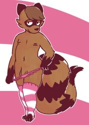 anthro balls brown_body brown_fur brown_hair canid canine clothed clothing flaccid fur genitals hair legwear male male_only mammal markings panties partially_clothed penis pulling_panties_down raccoon_dog simple_background solo solo_male standing stockings striped_markings striped_stockings striped_tail stripes tail_markings tanuki topless topless_anthro topless_male underwear unknown_artist