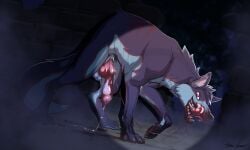 2026 5:3 balls blood bodily_fluids canid canine canis claws dark_violet digital_drawing_(artwork) digital_media_(artwork) erection feet feral front_view fur genitals gore hi_res looking_at_viewer male mammal outside penis saliva smile solo standing tail teeth toes tongue wolf