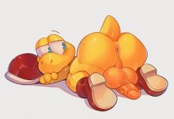 ai_generated anthro anus ass ass_up backsack balls big_butt blush boots clothing footwear footwear_only foreskin genitals glistening hi_res humanoid_genitalia humanoid_penis koopa koopa_troopa looking_back lying male mario_bros nintendo penis perineum presenting presenting_hindquarters reptile scalie shoes simple_background solo twinkaton white_background