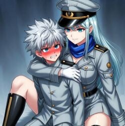 1boy 1boy1girl adult_and_teenager age_difference aged_up ai_generated akame_ga_kill! blue_eyes blue_hair blush crossover crossover_pairing crossover_shipping esdeath_(akame_ga_kill!) hunter_x_hunter killua_zoldyck male/female military_hat military_uniform older_female_and_younger_male pampering straight taller_female teenager white_hair