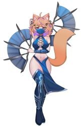 ahoge animal_ears artist_request bare_shoulders blonde_hair boots breasts female full_body holding looking_at_viewer mask navel orange_hair pelvic_curtain red_eyes short_hair solo squchan_(vtuber) striped tail thighhighs umbrella virtual_youtuber vtuber vyugen