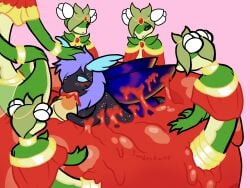 4:3 ambiguous_gender anthro apple arthropod black_body blush bracelet cape circlet clothing collar dolliv elemental_creature fellatio female feral flora_fauna flower_on_head food fruit fusion generation_9_pokemon group gynomorph hair hand_on_head hi_res hybrid hydrapple imminent_vore insect_wings insects intersex jewelry lepidopteran lepidopteran_wings messy moth nintendo oral penile plant pokemon pokemon_(species) pokemon_fusion pomadochi predator/prey purple_hair reptile sandentwins scalie sex sinking snake syrup veil vore wings