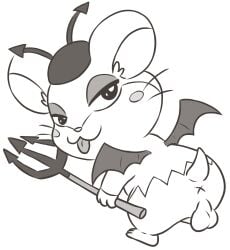 anthro anus backsack balls blep blush clothing cricetid demon genitals hamster hamtaro hamtaro_(series) hat headgear headwear hi_res male mammal melee_weapon mincheeto perineum polearm rodent solo spat_(hamtaro) tongue tongue_out trident weapon wings x_anus
