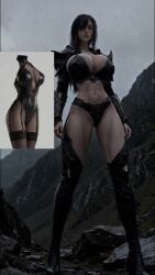 3d abs ai_generated beautiful bewitching_thighs black_hair cleavage full_body garter_belt high_heel_boots huge_breasts long_legs medium_hair short_hair tagme video