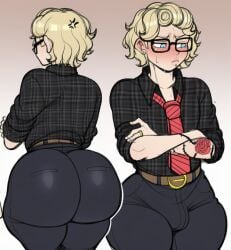 1boy 1male ai_generated aryan back_view big_ass big_butt big_thighs bimbo black_pants black_shirt blonde_hair blue_eyes blush brown_belt character_name character_sheet clothed clothing curvy dad_bod dilf femboy femboy_dilf front_view glasses huge_ass jonnidabun juicy_ass light-skinned_male light_skin looking_away male_only novelai original original_character sweat sweaty tattoo tattooed_arm tattoos thick_ass thick_thighs voluptuous voluptuous_body voluptuous_femboy wedding_ring william_perciful