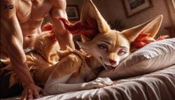 ai_generated animated anthro bed bedroom braixen breasts female inside looking_at_viewer looking_pleasured lying lying_on_bed pillow pokemon pokemon_(species) prone_bone sex tagme video