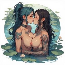 2girls ai_generated blush closed_eyes female_only flowers green_hair kissing lake large_breasts lily_pad long_hair married_couple naked_female nipples ponytail tattoo tattoo_on_arm tattoo_on_chest tattoo_on_neck wife_and_wife yuri