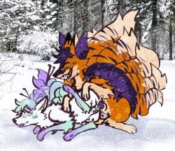 animal_genitalia animal_vulva canid canine canine_genitalia canine_vulva detailed_background duo ejaculation female female_penetrated feral feral_on_feral feral_penetrated feral_penetrating feral_penetrating_feral fox fox_spirit fur genitals hi_res male male/female male_penetrating male_penetrating_female mammal multicolored_body multicolored_fur open_mouth open_smile orange_body orange_fur outside penetration penile penile_penetration penis_in_vagina photo_background photography_(artwork) purple_body purple_fur sex smile snow tan_body tan_fur vaginal_penetration winter wispyvixen