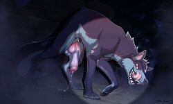 5:3 balls bodily_fluids canid canine canis claws dark_violet drooling feet feral front_view fur genital_fluids genitals hi_res knot knotted_penis looking_at_viewer male mammal penis saliva saliva_string smile solo tail teeth toes tongue wolf