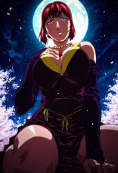 1girls accurate_art_style ai_generated artist_request bare_legs bead_necklace beads bible_black bible_black_new_testament blunt_bangs bob_cut bodysuit breasts bridal_gauntlets busty center_opening cherry_blossoms closed_mouth curvaceous curvy curvy_female curvy_figure facing_viewer faithful_to_the_anime female female_focus female_only front_view full_body full_moon gauntlets huge_breasts jewelry kneeling lair lipstick looking_at_viewer makeup mature mature_female midriff milf moon nail_polish necklace no_pants outdoors pinup purple_eyes red_hair revealing_clothes ring sexy_pose shin_bible_black short_hair solo source_request takashiro_hiroko thick_thighs thighs tree vest viewed_from_below voluptuous voluptuous_female