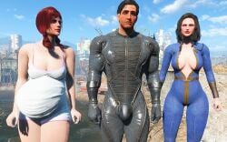 1boy 2girls 2girls1boy 3d angry angry_expression breasts brown_eyes brown_hair cait_(fallout) cheating cheating_husband city_background combat_suit fallout fallout_4 female light-skinned_female light-skinned_male looking_at_another medium_breasts medium_hair milf nate_(fallout_4) nervous nora_(fallout_4) one_piece_suit pale-skinned_female pale_skin pregnant pregnant_female public red_hair scared_expression sole_survivor_(male) vault_suit