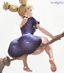 1girls ai_generated big_ass broom_riding dress female from_below jujutsu_kaisen marshalperv nishimiya_momo pervmarshal shiny_skin simple_background solo_female