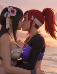 2girls abs ai_generated antifragile_bb beach big_breasts brigitte brigitte_lindholm final_fantasy_vii hugging kissing overwatch overwatch_2 tifa_lockhart yuri