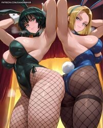 2girls ai_generated android_18 animal_ears armpits arms_behind_head arms_up ass bangs bare_shoulders black_hair black_leotard blonde_hair blue_eyes blue_leotard blush bow bowtie breasts cleavage closed_mouth covered_navel crossover dandanhub detached_collar dragon_ball dragon_ball_z fake_animal_ears fake_tail female female_only fishnets fubuki_(one-punch_man) green_eyes highleg highleg_leotard large_breasts leotard looking_at_viewer multiple_girls one-punch_man pantyhose rabbit_ears rabbit_tail short_hair siblings sideboob smile strapless_leotard sweat tail thick_thighs thighs wrist_cuffs