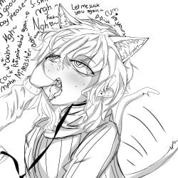 adult black_and_white catboy commission deadbeforejune femboy finger_in_mouth heart-shaped_pupils leash male messy_hair petite petplay saliva_drip sexually_suggestive sweater