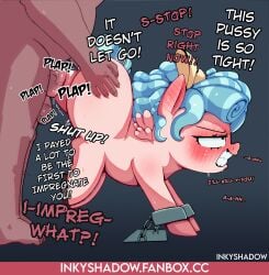 1boy 1girls ass ass_up balls blue_hair blush blush_lines butt_grab chained chains clenched_teeth cozy_glow_(mlp) dark-skinned_male dark_skin dialogue ear_blush english_text face_down_ass_up female friendship_is_magic furry furry_female genitals grabbing grabbing_another's_ass grabbing_ass gradient_background gritted_teeth grope hand_on_ass hasbro human implied_impregnation inkyshadow interspecies male male_on_female male_penetrated male_penetrating male_penetrating_female multicolored_background my_little_pony offscreen_character offscreen_male onomatopoeia pegasus penetration penis pink_body plap plap_(sound) pony red_eyes rolling_eyes sex short_hair sound_effects teeth testicles text tied_hair touching_ass typo vaginal_penetration