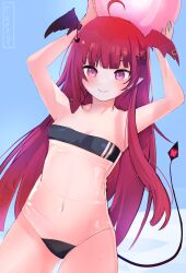 1girls ball blush female female_only gris_swimsuit head_wings light-skinned_female light_skin luto_araka pink_eyes prism_project red_hair slight_blush smile solo succubus swimsuit tail virtual_youtuber