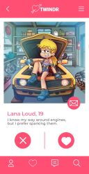 aged_up blonde_female blonde_hair bra car commission commissioner_upload dating_app dating_profile garage gloves juva_kurosaki lana_loud mechanic parody ponytail posing posing_for_picture revealing_clothes revealing_outfit the_loud_house tied_hair tinder_(app)