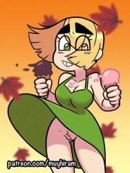 big_breasts big_thighs blonde_hair buck_teeth buckteeth dress dress_lift ear_piercing eye_visible_through_hair gradient_background green_dress green_eyes hair_in_wind hennah ice_cream ice_cream_cone ice_cream_on_breasts maple_leaf muyhiram orange_background pubes pussy pussy_peek vagina wind wind_lift yellow_background