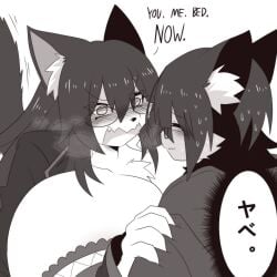 1:1 anthro aroused assertive_female begging big_breasts breasts canid canine canis dialogue eyewear female glasses hi_res huge_breasts in_heat inviting_to_bed larger_female male mammal mature_female monokurosekai06 ms_kurone size_difference teacher text translated wolf you_bed_now