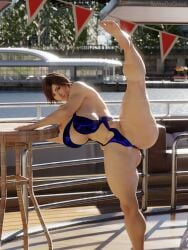 1girls 3d anus_peek asian asian_female ass_visible_through_thighs barefoot blue_swimsuit boob_window brown_eyes brown_hair daytime door female fit fit_female hand_on_table holding_table japanese kazama_asuka large_breasts leaning_forward leg_up looking_at_viewer medium_hair outdoors partially_clothed pinup public ship smile smile_at_viewer standing_on_one_leg stretching sunlight swimsuit tagme tekken tekken_8 thick_thighs tomodachief toned toned_body toned_female young_adult