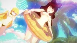 2girls bikini bikini_bottom bikini_top black_hair black_hair_female blake_belladonna blonde_female blonde_hair canon_couple float_ring half-dressed half_naked half_naked_female logang45 long_hair long_hair_female purple_eyes rwby yang_xiao_long yellow_eyes