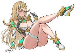 ass big_breasts blonde_hair heels mythra sitting spicycurryart underwear upskirt xenoblade_(series) xenoblade_chronicles_2