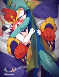 absurd_res anthro bed bed_sheet bedding breasts cinderace duo female feral from_front_position furniture generation_8_pokemon hi_res inteleon lying male male/female missionary_position nintendo on_back pokemon pokemon_(species) prrrrrrmine sex translucent