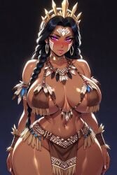 ai_generated amazonian big_ass big_breasts blush choker cleavage collar crown curvy dark-skinned_female dark_skin earrings feathers female headdress huge_ass huge_breasts latina milf necklace nipples piercing purple_eyes tribal tribal_clothing tribal_female tribal_jewelry tribal_markings voluptuous