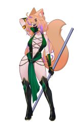 ahoge animal_ear_fluff animal_ears bangs bare_shoulders black_footwear blonde_hair boots breasts female fingerless_gloves gloves looking_at_viewer mask mouth_mask multicolored_hair navel solo squchan_(vtuber) standing tail thigh_boots thighhighs virtual_youtuber vtuber vyugen white_background