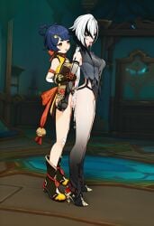 ahe_gao ahegao_face ai_generated arlecchino_(genshin_impact) arms_around_shoulders breasts breasts_out close-up cum_drip cum_inside cum_overflow cum_overflowing fucked_from_behind futa_on_female futa_with_female genshin_impact handjob holding_arm holding_arms open_clothes penis_inside penis_touching semen semen_on_body side_by_side smile smiley_face standing standing_sex tongue_out xiangling_(genshin_impact)