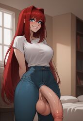 1futa 1futanari ai_generated aozaki_aoko ass big_ass big_breasts big_butt big_hips big_penis blue_hair breasts brown_hair cleavage clothed clothing cock_keyhole_clothing dick dickgirl eyebrows eyelashes futa_only futanari grin grinning grinning_at_viewer hair hands-free huge_cock indoors jeans lips long_hair looking_at_viewer mahou_tsukai_no_yoru makeup narrow_waist narrowed_eyes nose penis red_hair seducing seductive seductive_eyes seductive_gaze seductive_look seductive_mouth seductive_pose seductive_smile shirt smile smile_at_viewer smiley_face smooth_balls smooth_penis smooth_skin solo solo_dickgirl solo_focus solo_futa solo_futanari testicles velonix