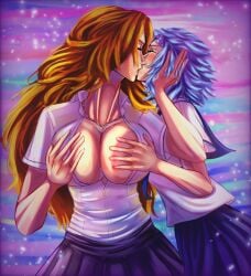 0_liz_chan_0 2girls bleach bleach:_the_thousand-year_blood_war blue_hair boob_window breast_grab breast_squeeze cleavage crossover exposed_breasts female female_only fully_clothed hands_behind_head hands_on_breasts hells hells_angels kissing large_breasts looking_at_partner looking_pleasured matsumoto_rangiku orange_hair rinne rinne_amagane school_uniform teacher wholesome yuri