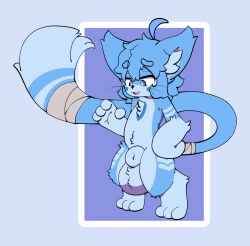 2022 3_toes 4_fingers absurd_res ahoge animal_genitalia anthro arm_tuft ball_tuft balls bandage bandaged_tail belly big_balls big_tail black_nose blue_background blue_balls blue_body blue_eyes blue_fur blue_hair blue_inner_ear_fluff blue_markings blue_sheath chest_tuft countershading domestic_cat ear_tuft eyebrow_through_hair eyebrows facial_markings feet felid feline felis fingers fully_sheathed fur genitals gloves_(marking) hair head_markings hi_res huge_balls inner_ear_fluff jratking leg_markings leg_tuft looking_down male mammal markings nude_anthro nude_male open_mouth plantigrade potayo_(potayonsfw) sheath simple_background socks_(marking) solo standing striped_arms striped_markings striped_tail stripes tail tail_markings tail_tuft toes translucent translucent_hair tuft