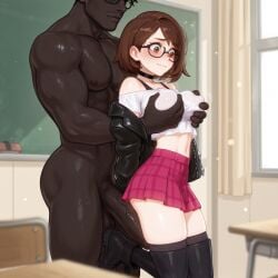 1boy ai-generated ai_generated arms_behind_back bangs bare_shoulders black-framed_eyewear black_choker black_footwear black_jacket blurry blurry_background blush boots breast_grab breasts brokewyt brown_eyes brown_hair choker classroom closed_mouth clothed_female_nude_male crop_top dark-skinned_male dark_skin erection female flying_sweatdrops glasses gloria_(pokemon) grabbing grabbing_from_behind indoors interracial jacket large_breasts large_penis leather leather_jacket manly midriff miniskirt muscular muscular_male navel nude off_shoulder open_clothes open_jacket penis pink_skirt plaid_skirt pleated_skirt pokemon_swsh shiny shirt short_hair skirt standing straight thighhighs uncensored white_shirt window
