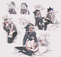 2girls arknights bar_censor black_hat black_pants black_thighhighs blush boots brown_jacket censored commentary cum cum_in_pussy english_commentary english_text futa_with_female futanari garter_straps grey_boots grey_hair grey_shirt hat high_heel_boots high_heels highres jacket long_hair mixed-language_commentary multiple_girls multiple_views nun_headdress one_eye_closed open_mouth orz_(kagewaka) pants penis pussy sex sex_from_behind shirt simple_background skadi_(arknights) specter_(arknights) thigh_boots thighhighs tongue tongue_out vaginal_penetration white_background