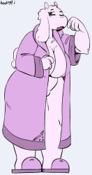 2016 5_fingers angstrom anthro areola areola_slip bathrobe boss_monster_(undertale) breasts clothed clothing female fingers footwear fur hi_res horn one_eye_closed open_mouth partially_clothed robe shoes signature simple_background slippers solo standing tail tired toriel undertale undertale_(series)