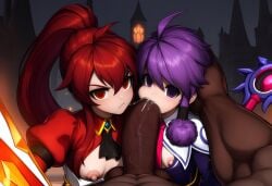 1boy 2girls ai_generated aisha_(elsword) blowjob blush cock_worship cum dark-skinned_male elesis_(elsword) elsword fellatio female huge_cock interracial large_penis licking licking_penis looking_at_viewer male penis penis_awe self_upload tagme teamwork tongue