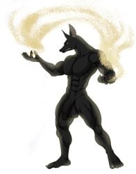 abs anthro anubian_jackal anubis balls bared_fangs bared_teeth canid canine canis darkshiner8 deity egyptian_mythology genitals jackal magic magic_user male mammal middle_eastern_mythology muscular muscular_anthro muscular_male mythology nude nude_anthro nude_male penis sand solo