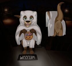 2026 absurd_res animal_dildo animal_sex_toy anthro ass bed_sheet bedding bedroom_eyes brown_body brown_fur bulge candy canine_dildo clothing condom costume dessert detailed_bulge dildo fangs food foofyscoop fur genital_outline genitals ghost_costume green_eyes halloween halloween_costume hi_res holidays jake_the_otter looking_at_viewer male mammal mood_lighting mustelid narrowed_eyes otter outside penis penis_outline plant porch pumpkin_basket raised_tail seductive sex_toy sexual_barrier_device sidewalk solo street_lamp tail tapering_penis teeth tongue tongue_out tree welcome_mat