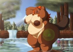 anthro beaver breasts dam female genitals hair hi_res mammal mountain one_eye_closed open_mouth plant river_(pyrocanis) rodent slightly_chubby solo thick_thighs tree vulva wink xxsparcoxx