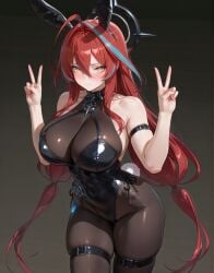 ahoge ai_assisted ai_generated arknights arknights:_endfield bare_arms bare_shoulders blush bodysuit bunny_ears bunnysuit double_v embarrassed ember_(arknights:_endfield) fit_female halo huge_ass huge_breasts kao140522 looking_at_viewer muscular_female red_hair wide_hips yellow_eyes