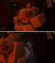 1girls 3d areolae ass big_ass big_breasts breasts brown_hair bush cowgirl dildo english_text female female_only green_eyes highres horse_dildo musk nipples norarr34 nude pubic_hair purple_dildo roblox robloxian sitting_on_dildo speech_bubble tan_skin text thick_thighs thighs twitter_username watermark