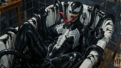 1girls ai_assisted ai_generated bath bathtub black_body black_skin breasts corruption female highres legs_spread long_tongue marvel marvel_comics patreon sharp_claws sharp_teeth she-venom symbiote tentacle tripleize venom_(marvel) wallpaper watermark white_eyes