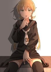 absurdres black_sailor_collar black_shirt black_skirt black_socks blonde_hair commentary_request cowboy_shot female finger_to_mouth haida_katsuretsu highres kantai_collection long_hair long_sleeves looking_at_viewer no_panties open_mouth over-kneehighs pussy pussy_juice pussy_juice_trail sailor_collar satsuki_(kantai_collection) school_uniform serafuku shirt sidelighting sitting skirt socks solo thighhighs twintails v-shaped_eyebrows yellow_eyes