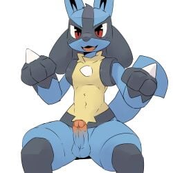 1:1 2025 3_fingers anthro balls biped black_blush black_body black_fur black_inner_ear black_markings blue_balls blue_body blue_fur blue_penis blue_tail blush blush_lines canid canine chest_spike digital_drawing_(artwork) digital_media_(artwork) erection facial_markings fingers foreskin fur gay gay_male generation_4_pokemon genitals glans glistening glistening_eyes gloves_(marking) hand_spike head_markings hi_res homosexual homosexual_male humanoid_genitalia humanoid_penis looking_at_viewer lucario male male/male male_only male_penetrating mammal markings multicolored_body multicolored_fur multicolored_penis neck_tuft nintendo nude nude_anthro nude_male open_mouth partially_retracted_foreskin penis pink_glans pink_penis pokemon pokemon_(species) pu_sukebe red_eyes simple_background solo spikes spikes_(anatomy) tail tongue tuft two_tone_penis white_background yellow_body yellow_fur