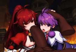 1boy 2girls ai_generated aisha_(elsword) blowjob blush cock_worship cum dark-skinned_male elesis_(elsword) elsword fellatio female huge_cock interracial large_penis licking licking_penis looking_at_viewer male penis penis_awe self_upload tagme teamwork tongue
