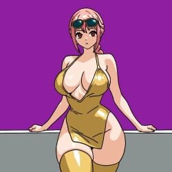1girls ai_generated big_breasts breasts cleavage clothing dress eyewear_on_head female female_only golden_dress one_piece pink_hair rebecca_(one_piece) red_eyes solo sunglasses thick_thighs voluptuous