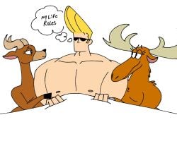 after_sex antelope anthro antlers becky_(johnny_bravo) becky_the_moose_(johnny_bravo) bedroom_eyes blonde_hair bovid breasts brown_body brown_fur carol_the_antelope cartoon_network deer english_text eyewear featureless_breasts female fur group group_sex hair hi_res hoof_hands hooves horn human inner_monologue interspecies itz_not_v johnny_bravo johnny_bravo_(series) male male/female mammal moose muscular narrowed_eyes new_world_deer nipples nude seductive sex simple_background sunglasses text thinking thought_bubble threesome trio under_covers white_background